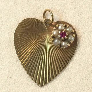 Vintage 14k Gold Heart Pendant Or Charm W Seed Pearls & Ruby 3.  7 Grams
