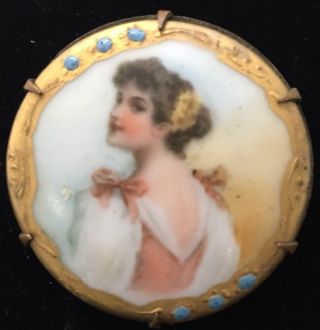 Antique Vintage Hand Painted Porcelain Portrait Pin Brooch C Clasp Vgc