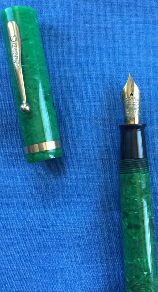 Vtg Sheaffer ' s Fountain Pen Large Lever Fill Jade Green White Dot Flat Top 7