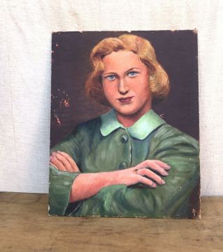 Vintage 1950s Woman Portrait Painting Female Blonde Mid Century Wall Art Pinup