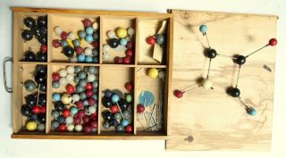 Vintage School Atomic Science Models Molecular Ornament In Wooden Box