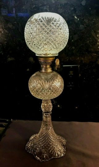 Vintage Antique Cut Glass Oil Lamp W/ Ball Shade - Please Read
