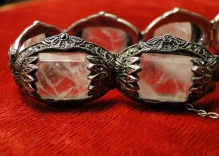 Antique 1920 Edwardian Germany Sterling Art Deco Pink Quartz Marcasites Bracelet