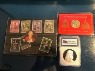 Papal Coin,  Stamps And Silver Clad Coin Pr 70 From Vatican