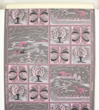 1950s Vintage Wallpaper Pink And Black Scenic Blocks On Gray
