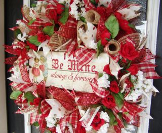 Romantic Vintage " Be Mine " Happy Valentines Day Deco Mesh Front Door Wreath