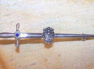 VINTAGE Sigma Nu fraternity sterling silver sword pin w/ crest & tiny stone OLD 2