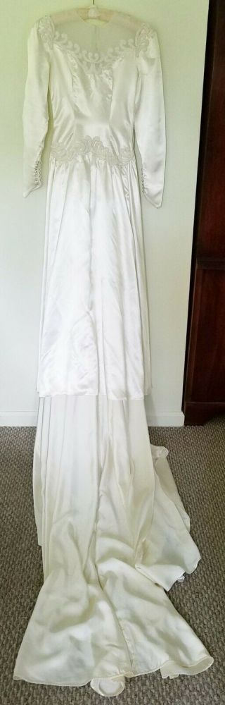 Vintage Bridal Gown Wedding Dress Satin Train Beads Lng Sleeves 1948 Small Tiara 3