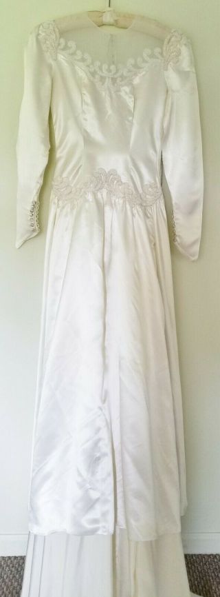 Vintage Bridal Gown Wedding Dress Satin Train Beads Lng Sleeves 1948 Small Tiara 4
