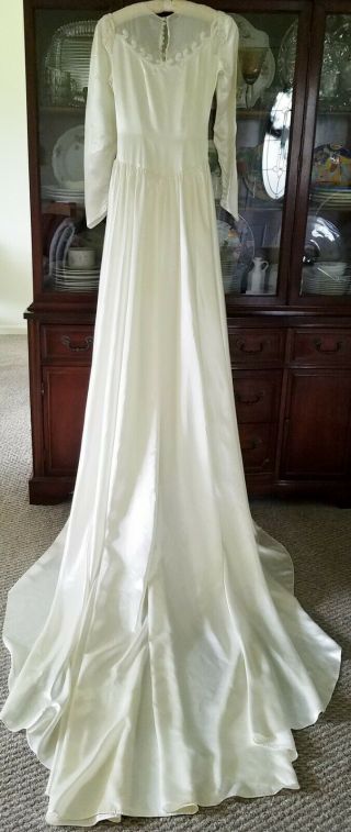 Vintage Bridal Gown Wedding Dress Satin Train Beads Lng Sleeves 1948 Small Tiara 5