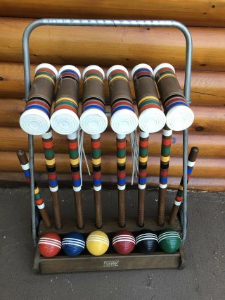 Vintage Forster Croquet Set 6 Player W Rolling Cart Ribbed Striped Wooden Balls