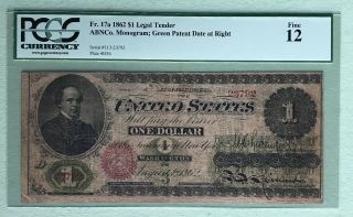 1862 Legal Tender $1 Dollar Red Seal Pcgs Graded 12 Fine Rare
