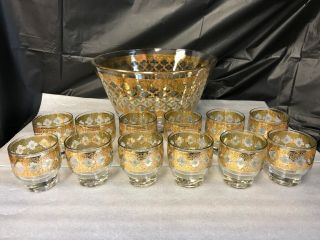Vtg Signed Culver Green Gold Valencia Punch Bowl 12 Glasses Old Fashioned Style