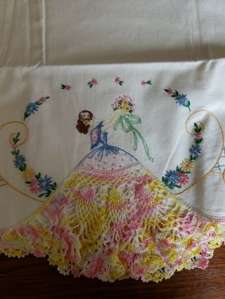 Vintage Embroidered & Crocheted Cotton Pillowcases,  Southern Belle,  Flower Girl