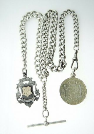 Antique Silver Albert Chain With 1913 Medal & 1864 Spanish Reales