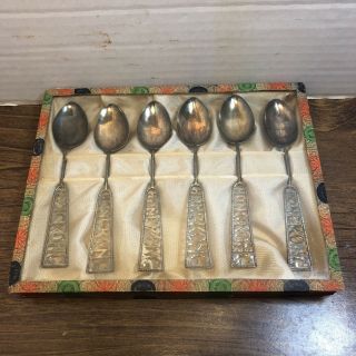 Hong Kong Sterling Silver Spoon Set Of 6 Vintage In Glass Case