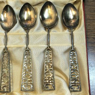Hong Kong Sterling Silver Spoon Set Of 6 Vintage In Glass Case 8