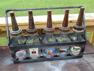 Vintage 5 Different Glass Motor Oil Gas Station Bottles W Spouts & Rack