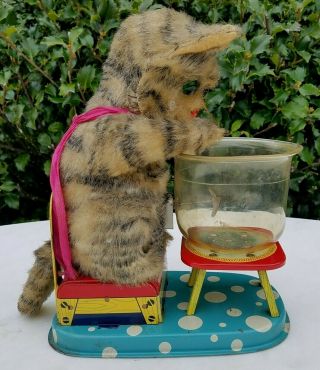Vintage Linemar Hungry Cat Battery Operated Tin Litho Toy - J - 2519 - Mohair