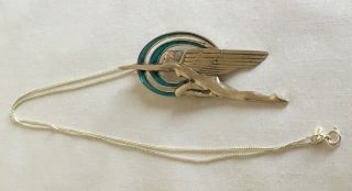 Vintage Art Deco 925 Sterling Silver Guilloche Enamel Flying Lady Pendant &chain