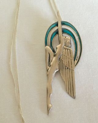 Vintage Art Deco 925 Sterling Silver Guilloche Enamel Flying Lady Pendant &Chain 2
