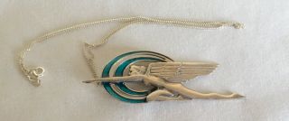 Vintage Art Deco 925 Sterling Silver Guilloche Enamel Flying Lady Pendant &Chain 5