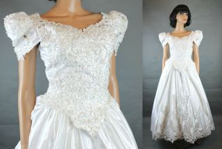 Vintage Wedding Gown S Venus Nos Nwt White Satin Pearl Beaded Cathedral Train