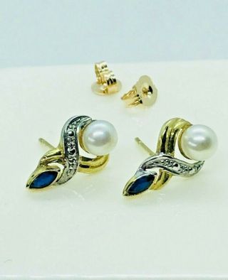 Sapphire And Pearl 9k Yellow And White Gold Studs Earrings Vintage Gold