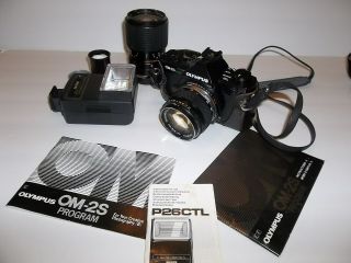Vintage Olympus Om - 2s Program Camera 35mm W/ 2 Lens - Flash - Instruction Book - Case