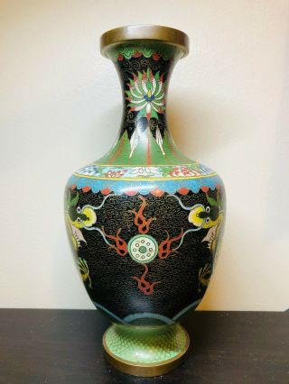 Vintage Signed Cloisonne Black Dragon Vase