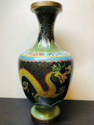 Vintage Signed Cloisonne Black Dragon Vase 7