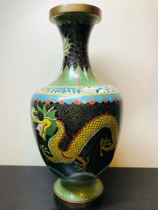 Vintage Signed Cloisonne Black Dragon Vase 8