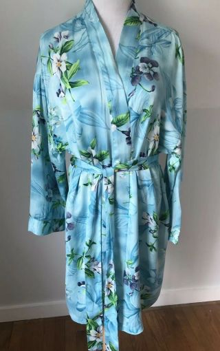 Vtg Victoria’s Secret Hawaiian 100 Silk Floral Kimono Short Blue Robe Size M/l