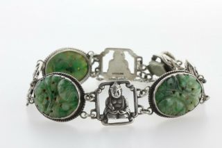 Vintage Sterling Silver Buddhist Carved Jade Buddha Hinged Panel Bracelet -