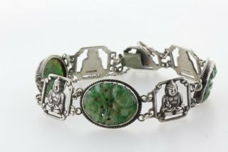 Vintage Sterling Silver Buddhist Carved Jade Buddha Hinged Panel Bracelet - 2
