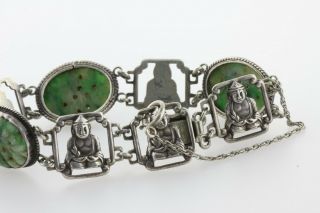 Vintage Sterling Silver Buddhist Carved Jade Buddha Hinged Panel Bracelet - 3