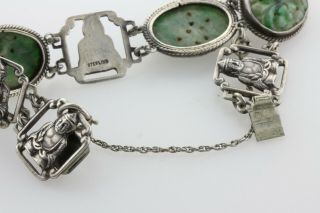 Vintage Sterling Silver Buddhist Carved Jade Buddha Hinged Panel Bracelet - 4