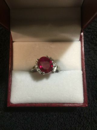 L@@k Stunning Vintage 10k White Gold And Ruby Ring W/clear Stones Size 5.  75