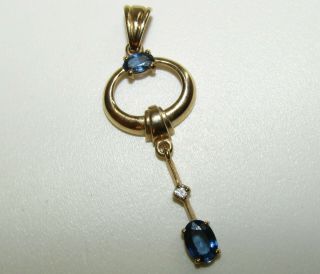 Elegant,  Vintage,  Deco Design,  9 Ct Gold Pendant With Blue Sapphire And Diamond