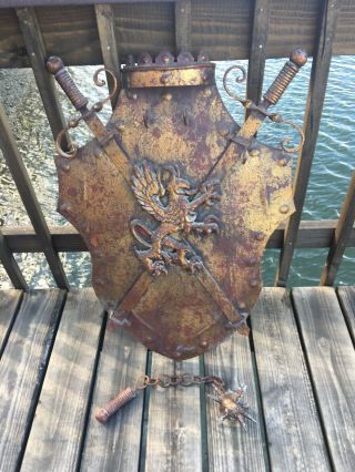 Vintage Medieval Lion Shield Sword Wall Decor Coat Of Arms Spiked Flail 35”