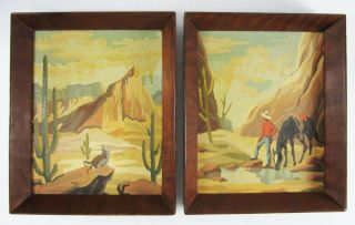 Vtg Paint By Number Cowboy Horse Desert Southwest Coyote Cactus Paintings 1950 