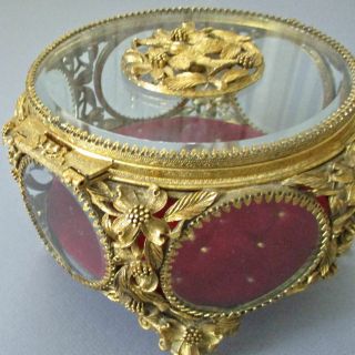 Vintage MATSON 6 - Sided Beveled Glass GILT Ormolu Jewelry Casket DOGWOOD,  BIRDS 3