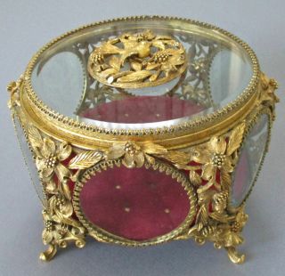 Vintage MATSON 6 - Sided Beveled Glass GILT Ormolu Jewelry Casket DOGWOOD,  BIRDS 7