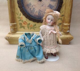 Antique Kestner All Bisque 5 " Doll,  Mold 620,  Wig,  With Two Dresses