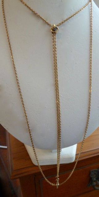 Antique Gold Rg/gf Long Dble Lorgnette Chain C1900 Delightful Sapphire Slide