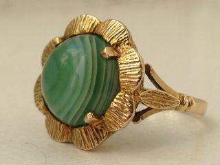 Rare Vintage Solid 9ct Gold Green Banded Agate Ring 9k