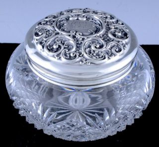 Lovely C1900 Whiting Repousse Sterling Silver & Abp Cut Glass Vanity Dresser Jar