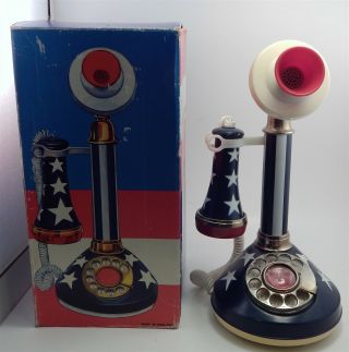 Vntg Astra Trading American Flag Candelstick Telephone Am Transistor Radio W Box