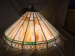 Vtg 19.  75” Diameter Mission Style Stained Glass Shade Tiffany Style Hanging Lamp
