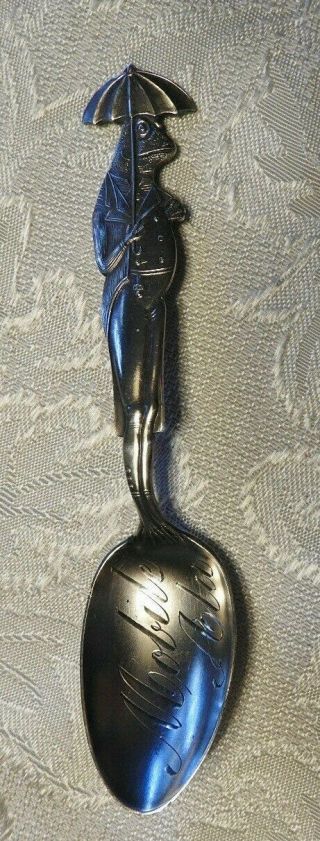 Full Figural Frog With Umbrella Sterling Souvenir Spoon